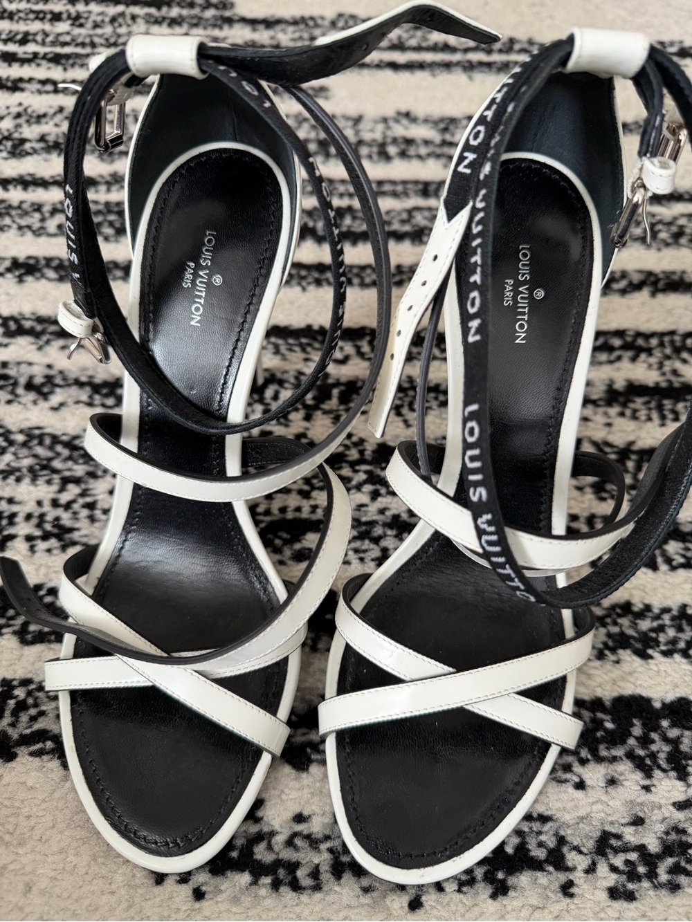 Louis Vuitton Black and White Strappy Ankle-Tie Heels